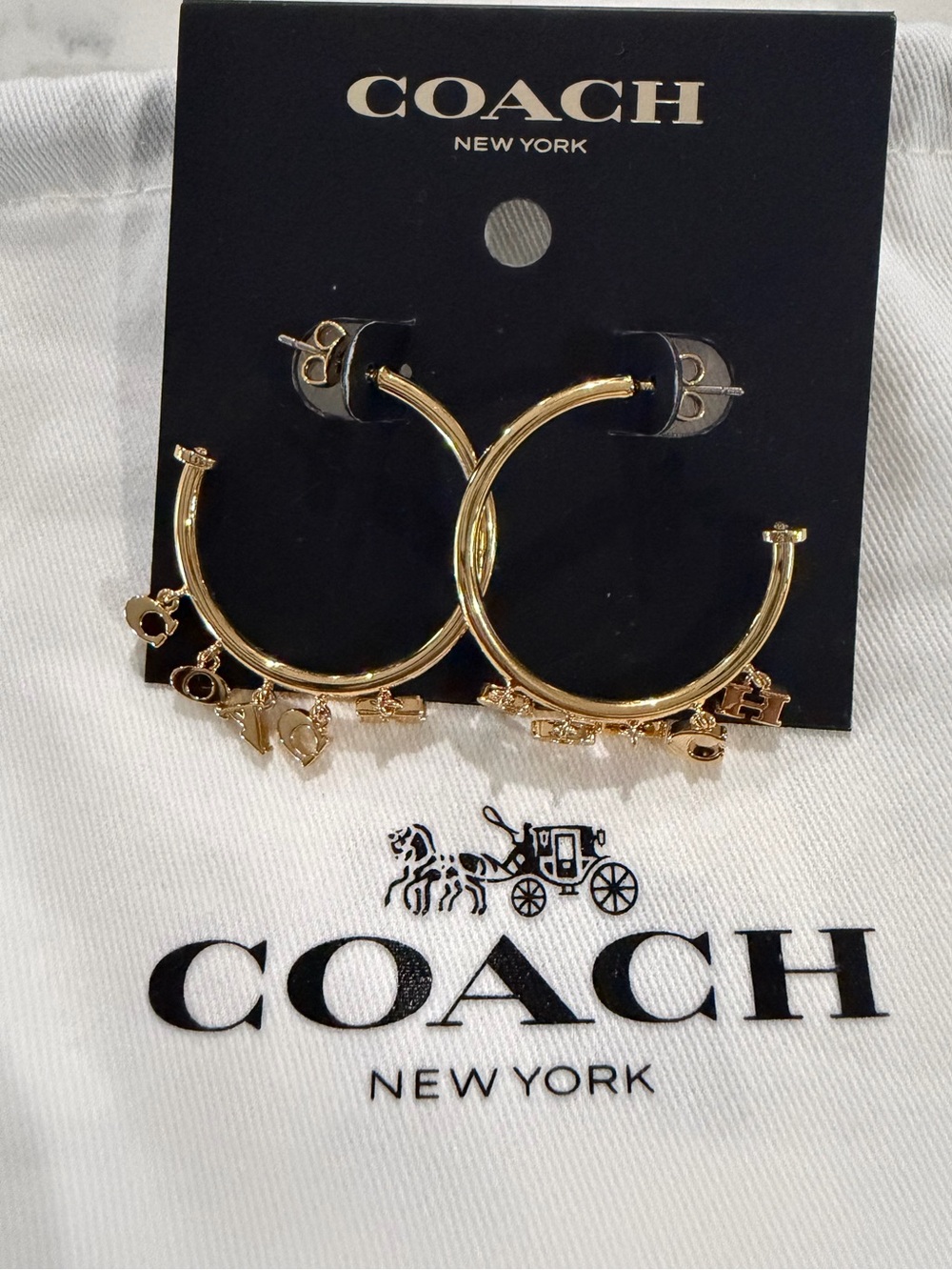 Authentic Coach Gold Hoop Earrings with Signature Charm Drops